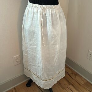 Boho White Linen blend elastic waist ties midi skirt‎ half lined Sz M
